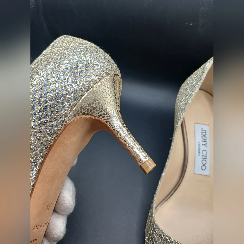 🪩 Jimmy Choo Gold Glitter Peep Toe Heels | Size 36 (US 6) | Made in Italy - Picture 11 of 13